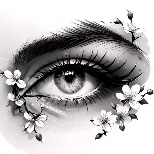 Female Eye With No Eyebrow With Cherry Blossoms