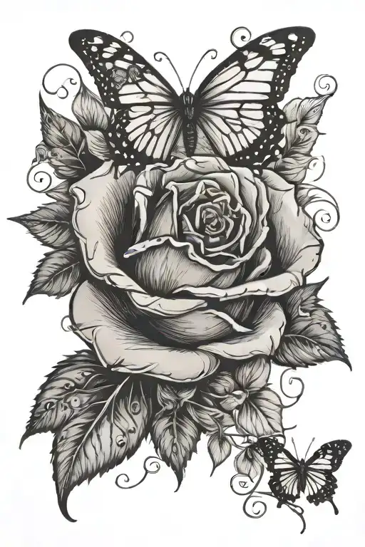 One Single Rose With Butterflies And Vines