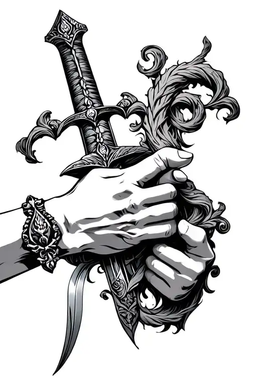 Hands Holding Sword Intertwined