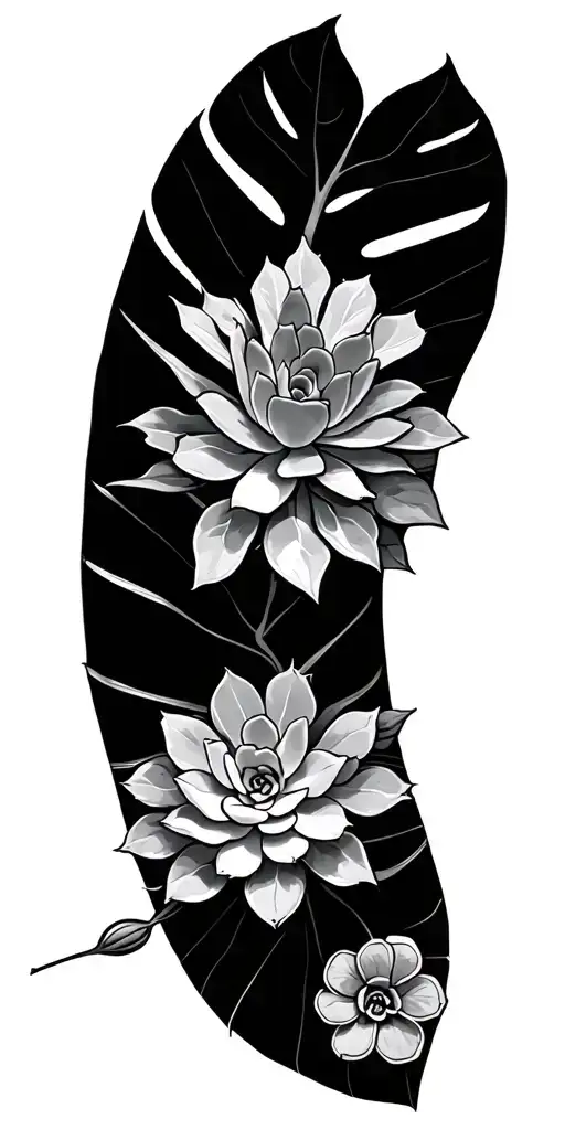 Succulents Arranged With Monstera Leaves With A Few Begonias