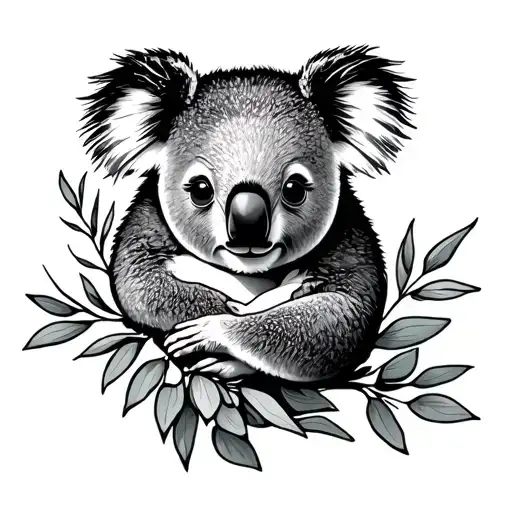 Minimal Tattoo Representing A Koala In Fine Line Hugging A Sprig Of Eucalyptus