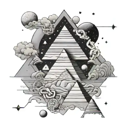 A Surreal Tattoo Of A Dessert-themed Pyramid Floating In Space Surrounded By Egyptian Symbols