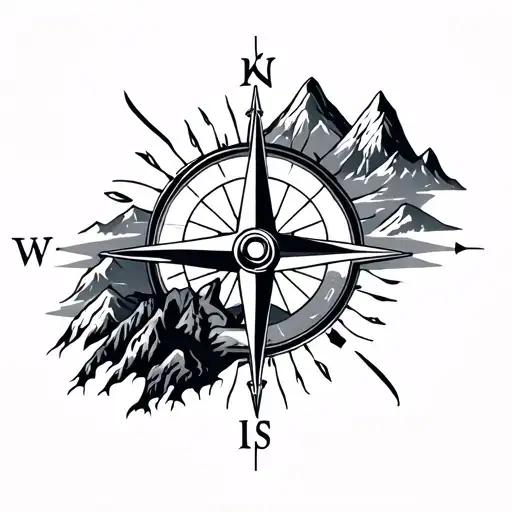 Nautical Compass And Mountains