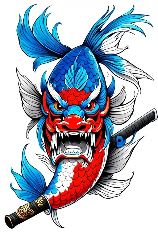 Traditional Japanese Blue Koi Fish And Red Oni Mask With Katana