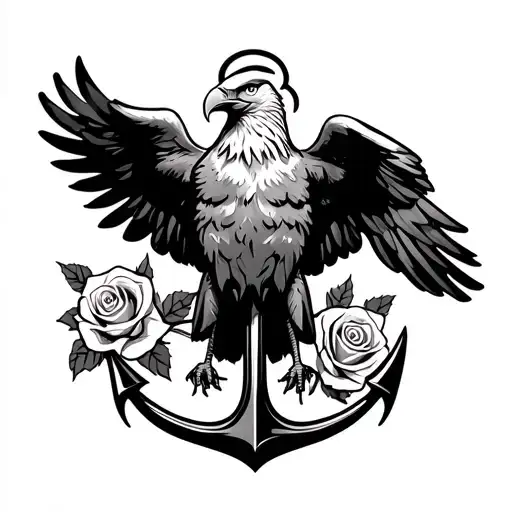 Eagle Perched On Anchor With Roses