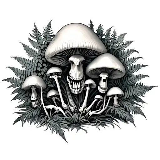 Animal Skeletons With Ferns Mushrooms