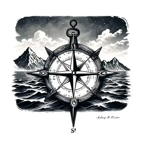 Nautical Compass And Mountains Realistic