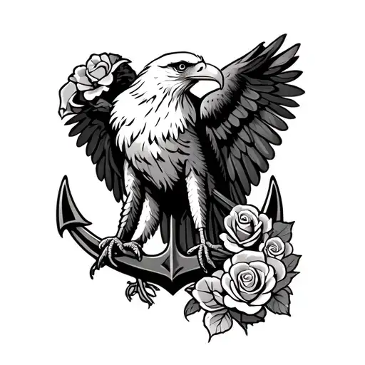 Eagle Perched On Anchor With Roses In Beak
