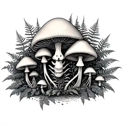 Animal Skeletons With Ferns Mushrooms