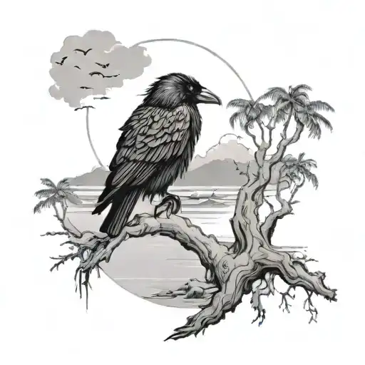 A Mystical Island With A Lone Black Raven Perched On A Tree Overlooking The Beach