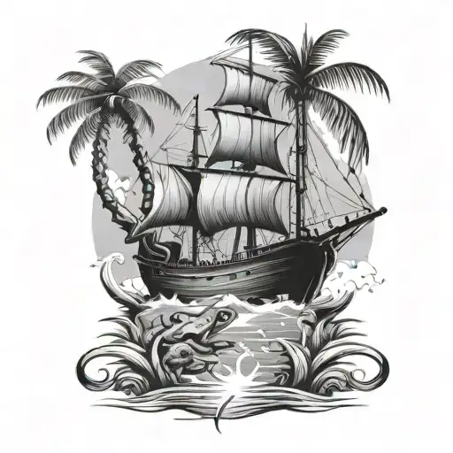 A Pirate Ship Sailing Towards A Tropical Island With Palm Trees And A Coqui Frog On The Shore