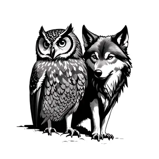 Owl Watching Wolf Standing
