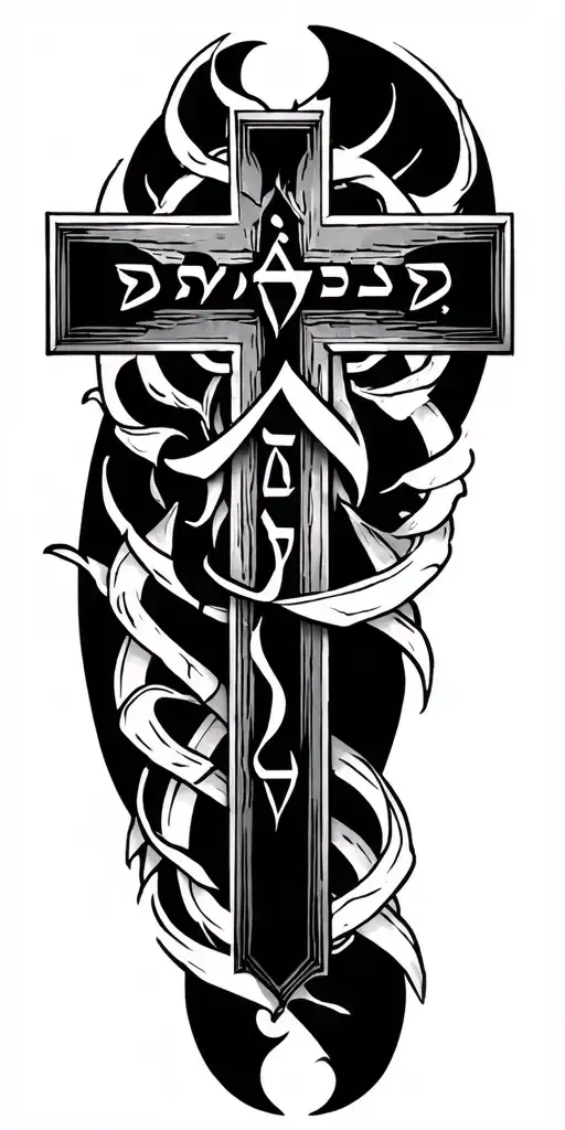Cross With Hebrew Scripture Incorporated Full Sleeve Tattoo With Lots Of Filler