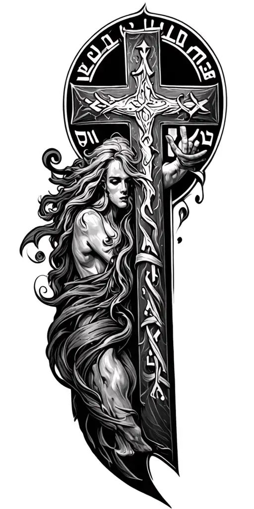 Cross With Hebrew Scripture Incorporated Full Sleeve Tattoo With Lots Of Filler