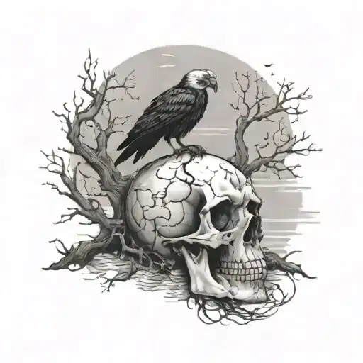 Skull Riding From Ocean With Tree Growing And Raven Searched On Tree