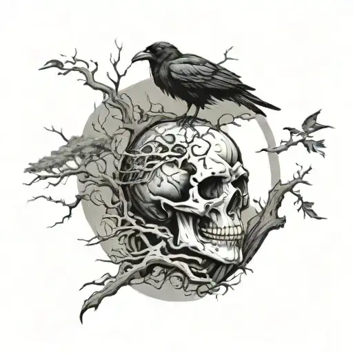 Skull Riding From Ocean With Tree Growing And Raven Searched On Tree
