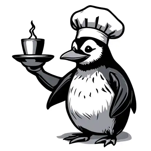 Chef Penguin In Black Grey Tattoo Depicting
