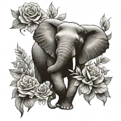 Elephant Tattoo Woman Theme On Thigh With Flowers
