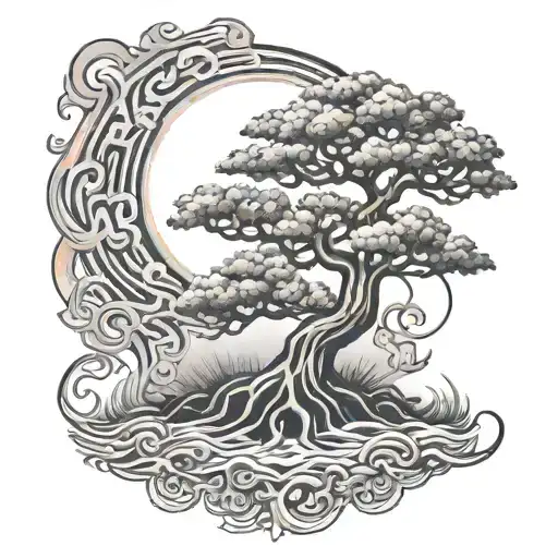 A Tree With Engraved Chinese Letters Surrounded By Rainbows And A Flaming Lotus Flower