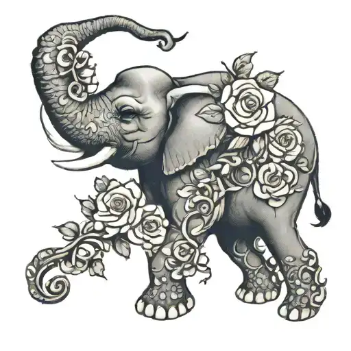 Elephant Tattoo Woman Theme On Thigh With Bold Roses And Vines