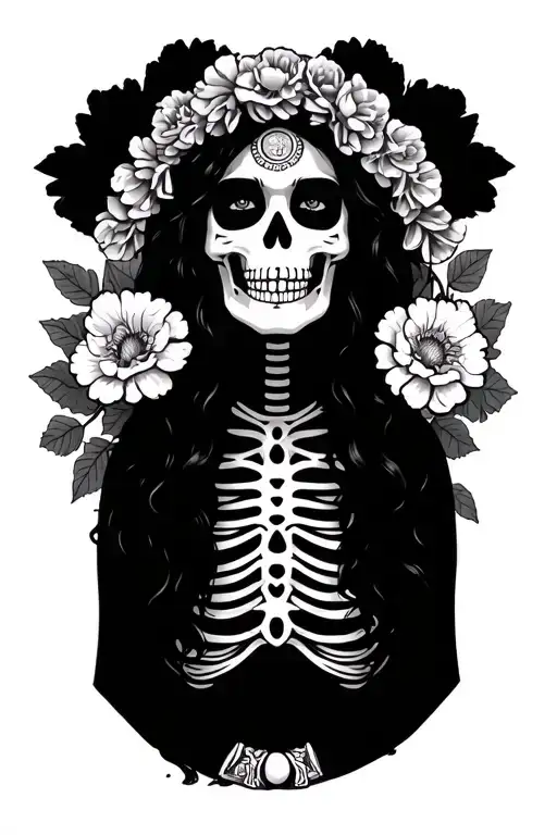 Mexican Skeleton Woman With Carnations