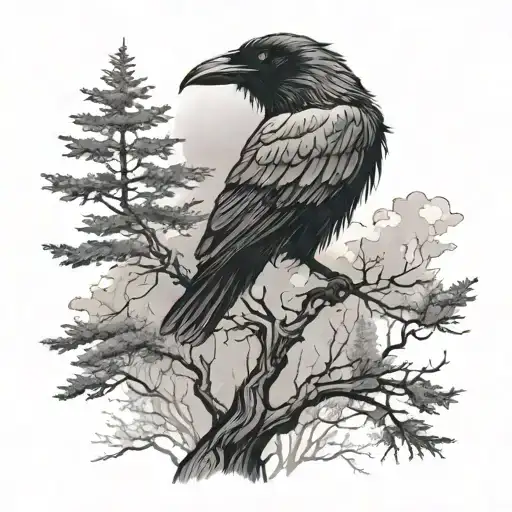Raven On A Tall Tree Over A Forest Landscape