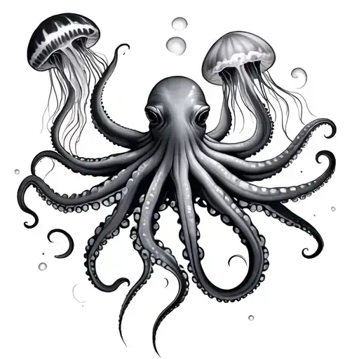Octopus And Jellyfish Floating