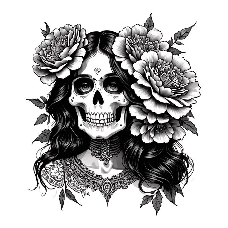 Mexican Skeleton Woman With Carnations