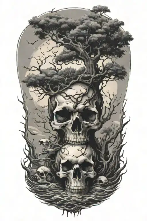 Skull Rising From Ocean With Tree Growing Out Of Skull And Raven Pearched On Tree