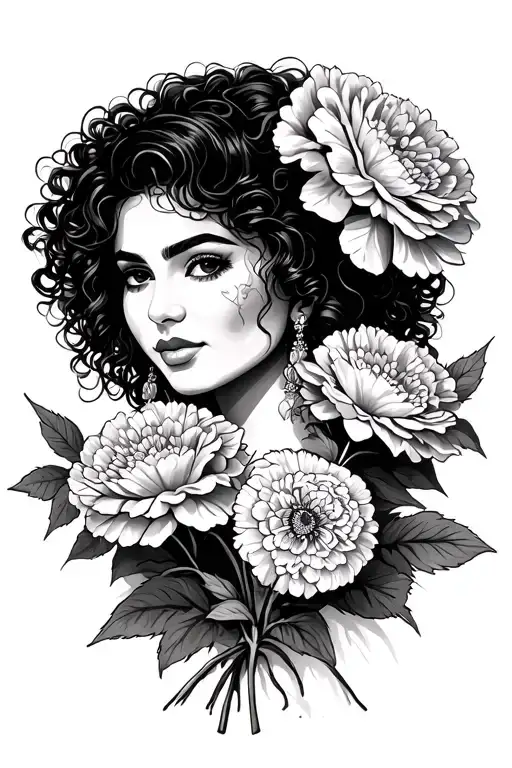 Mexican Woman With Curly Hair Holding Carnations