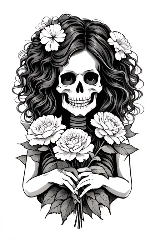 Mexican Woman Skeleton With Wavy Hair Holding Carnations