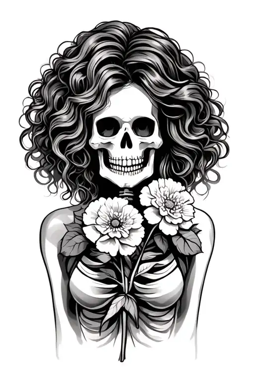 Mexican Woman Skeleton With Wavy Hair Holding Carnations