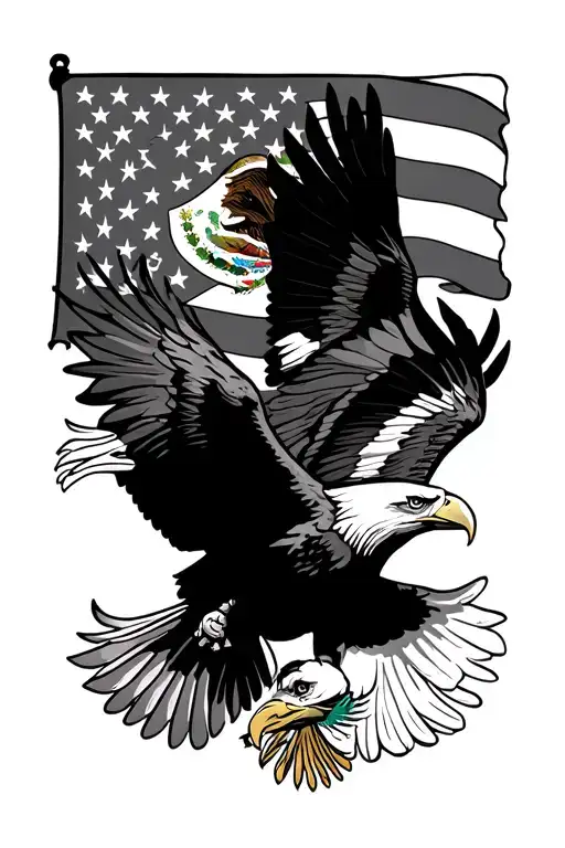 Mexican Eagle And Bald Eagle Flying In Front Of Mexican Flag And American Flag