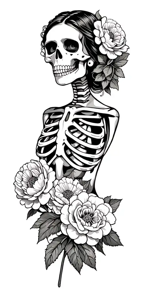 Mexican Woman Skeleton With Carnations