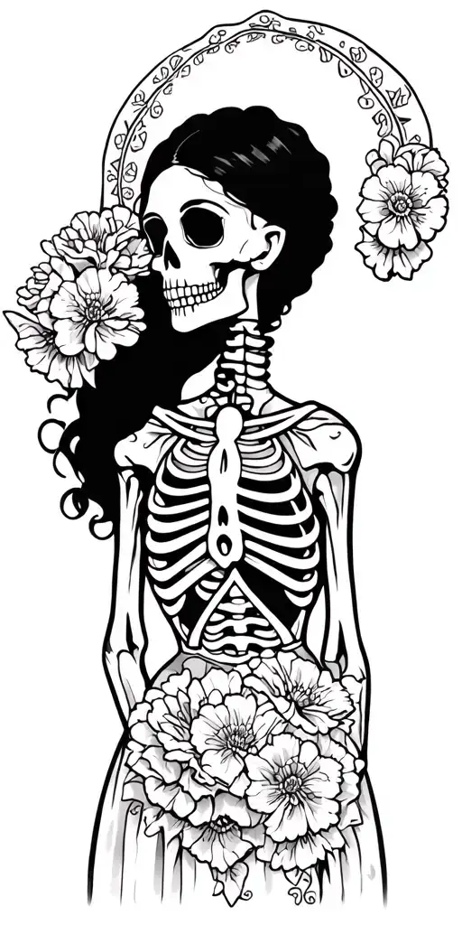 Mexican Woman Skeleton In Dress With Carnations