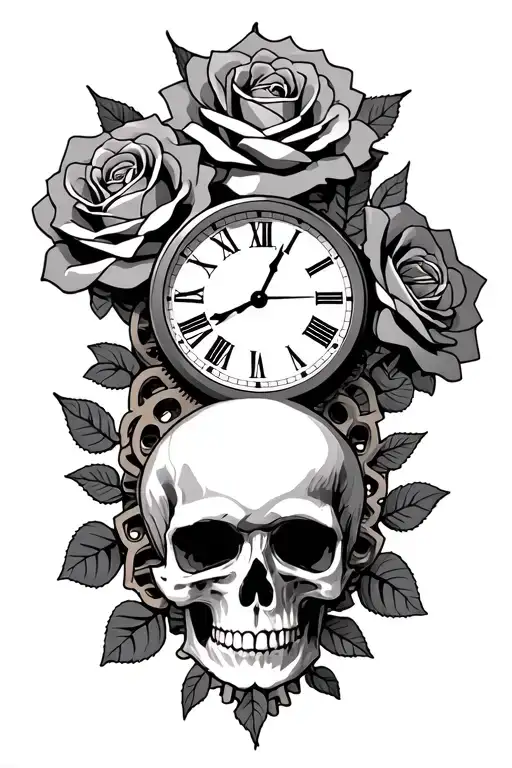 Skull Roses Are Roman Numerals Clock Gears