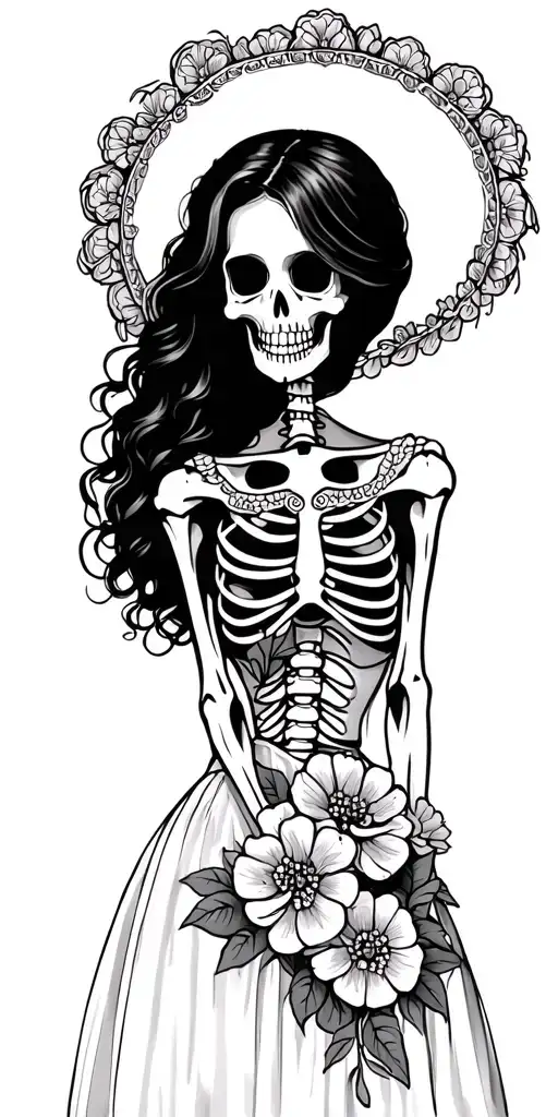 Mexican Woman Skeleton In Dress With Carnations