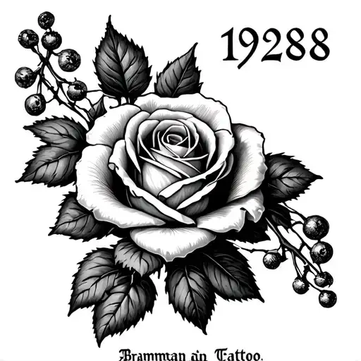 A Rose With The Year 1928 With Brambles Surrounding The Ends Of The Parchment And Petals That