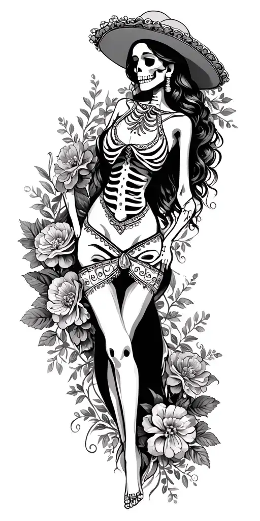 Mexican Woman Skeleton In Mexican Dress With Carnations Surrounded With Filigree