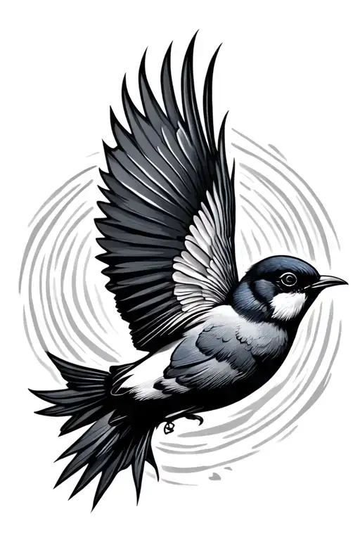 New Zealand Fantail Bird In Mid Flight With Koru Background