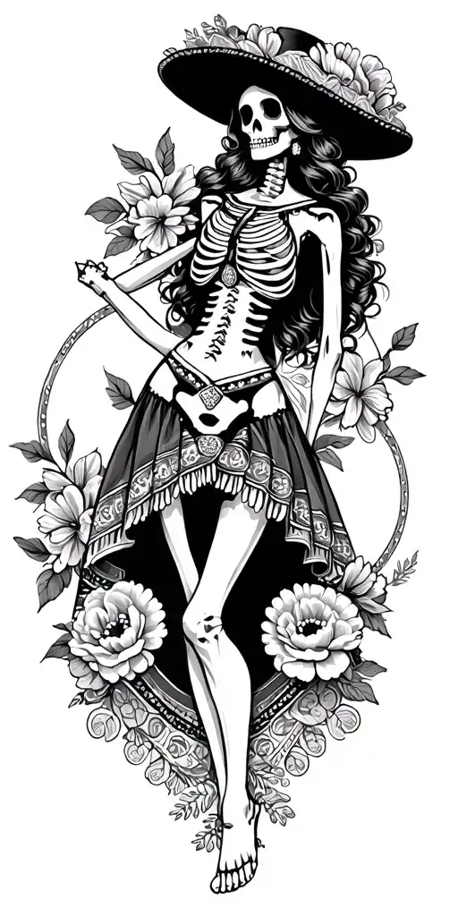 Mexican Woman Skeleton In Mexican Dress With Carnations Surrounded With Filigree No Hat
