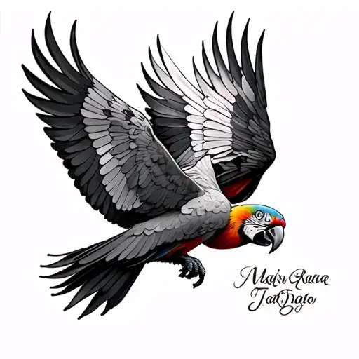 Macaw Flying With Open Wings Around The Outer Breast On Ribcage