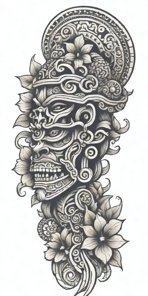 Mayan Warrior Tongue Out On Tongue Flowers Waves Mayan Tribal Pattern Mushrooms