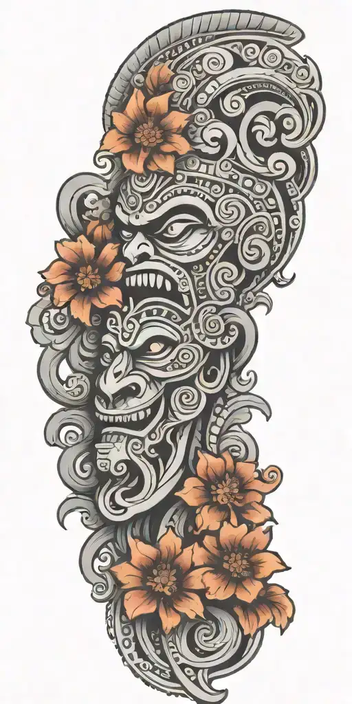 Mayan Warrior Tongue Out On Tongue Flowers Waves Mayan Tribal Pattern Mushrooms