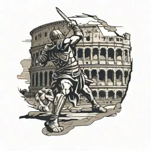 A Gladiator Fighting In The Colosseum With A Japanese Temple In The Background