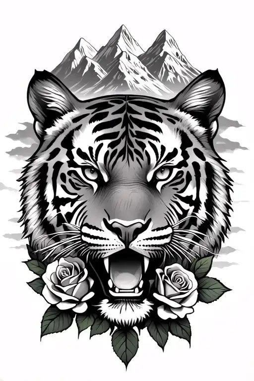 Mountains With Roses And A Watch With Roman Numerals With A Tiger Face