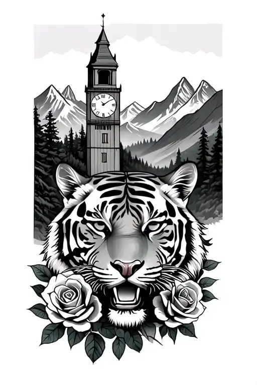 Mountains With Roses And A Clock Tower With Roman Numerals With A Tiger Face