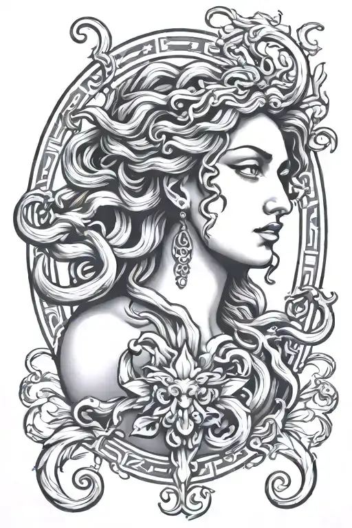 Medusa Feminine Greek Syle With Mitology Tattoo With Elements Facing Foward Minimalistic