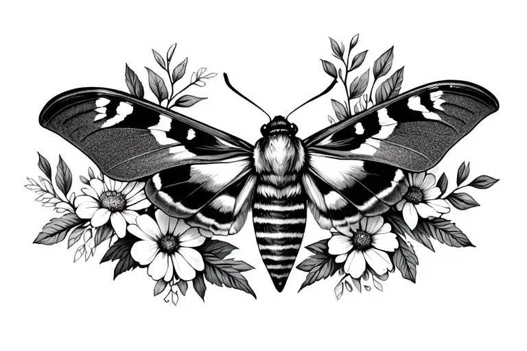 Boho Earthy Moth With Greenery As Flowers Surrounding Sides In Black And White