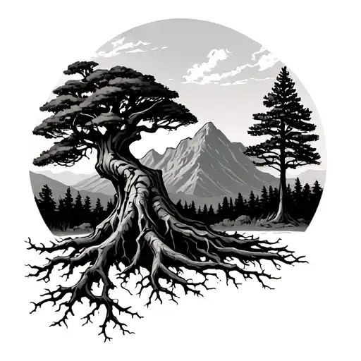 Oak Tree With Roots Mountain In The Background